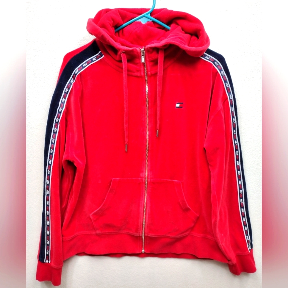 Tommy Hilfiger Red Full Zip Hoodie Women's L Sweatshirt 90s Flag Retro Vintage